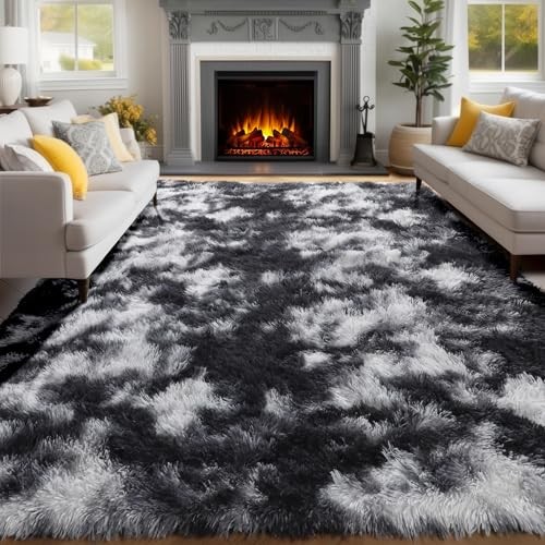 9×12 Area Rugs Living Room, 9′ x 12′ (Rectangular) Tie Dyed-black White Grey