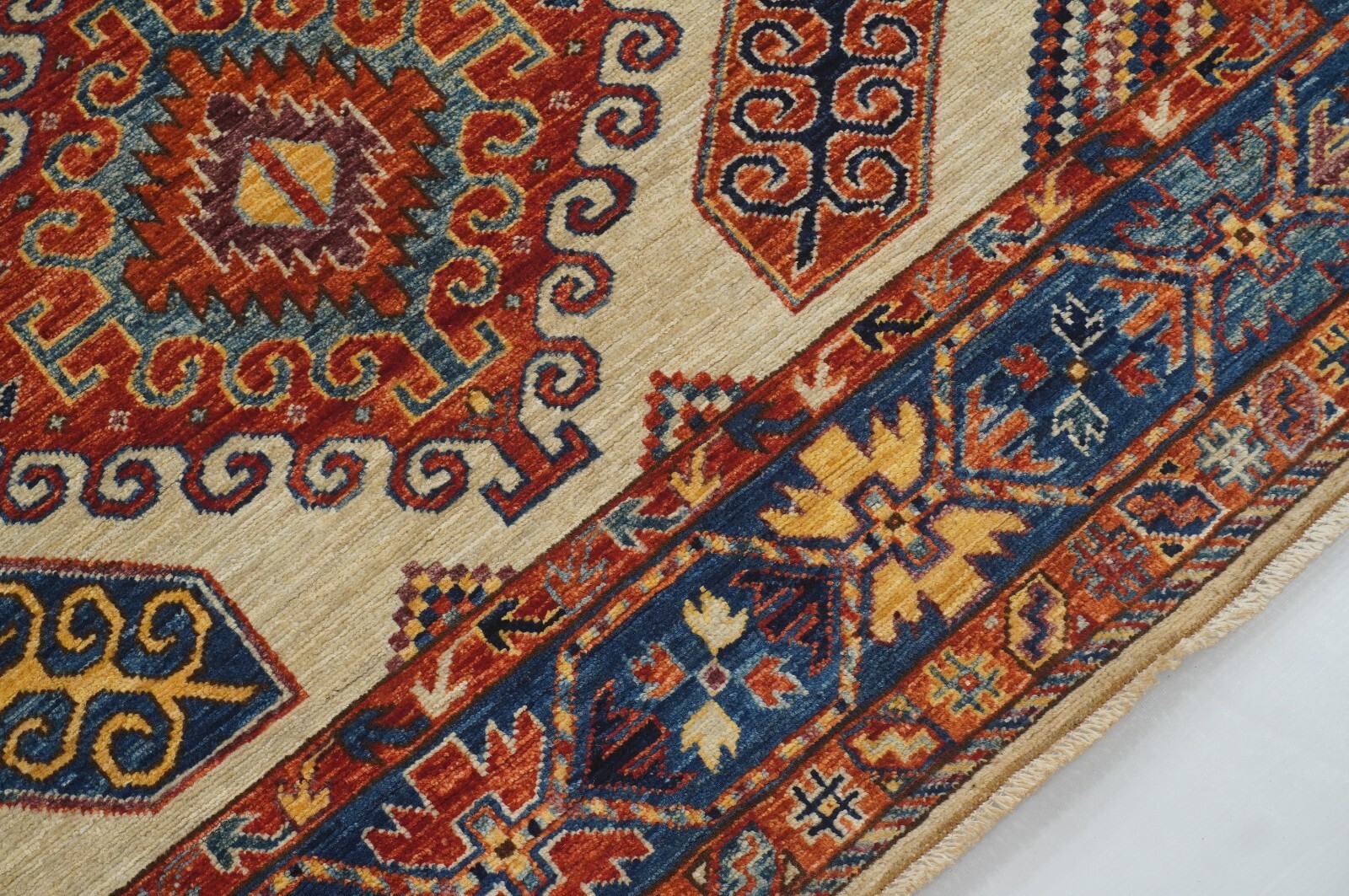 5×7 ft Beige Kazak Afghan Hand Knotted Wool Geometric Rug