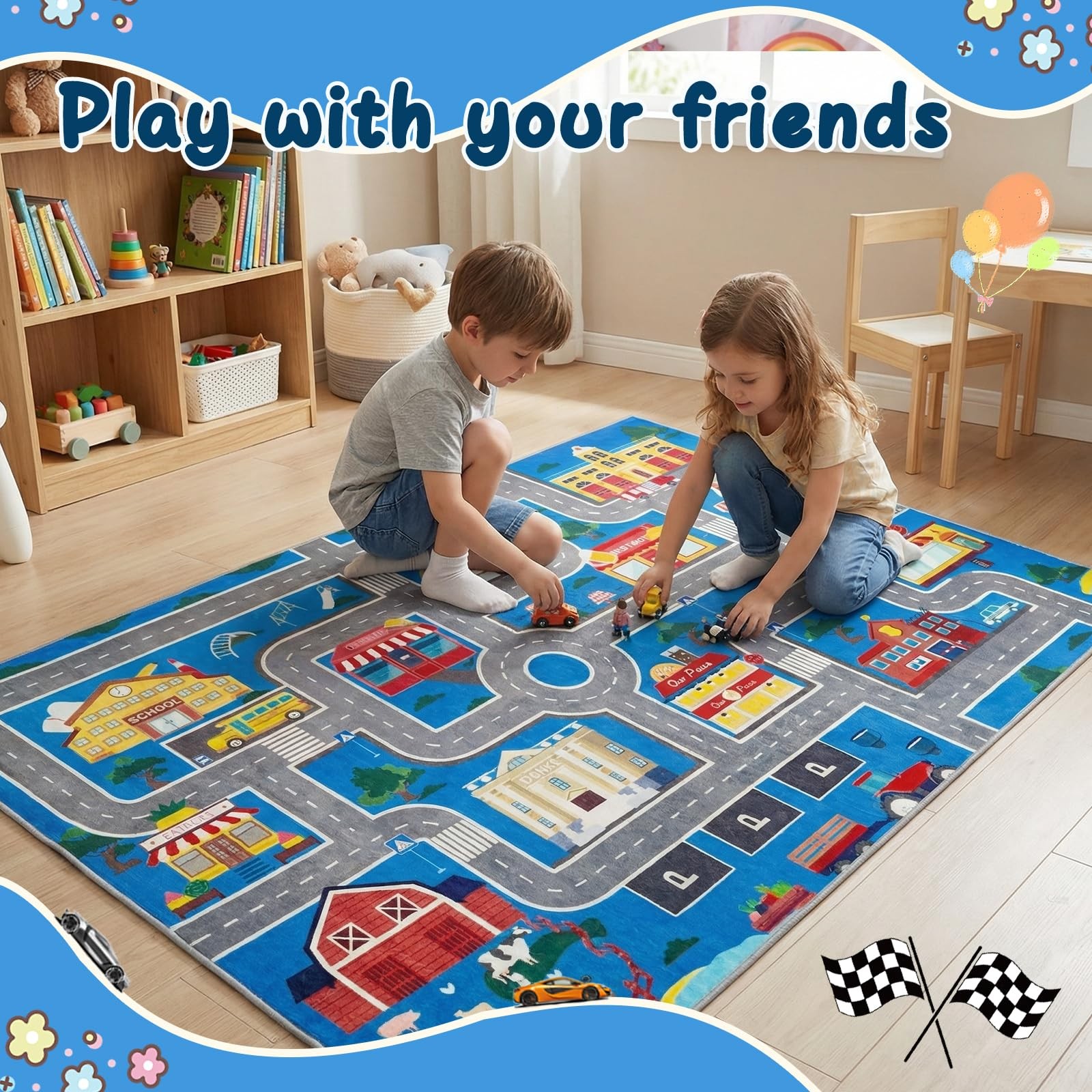 Play Mat Kids Rug for Boys and Girls, 31x47in Non-Slip Playroom Rug Car Rugs