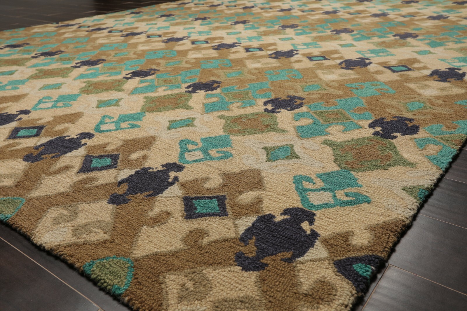 Multi Sizes Handmade 100% Wool Modern Loop & Cut Pile Area Rug Beige Turquoise