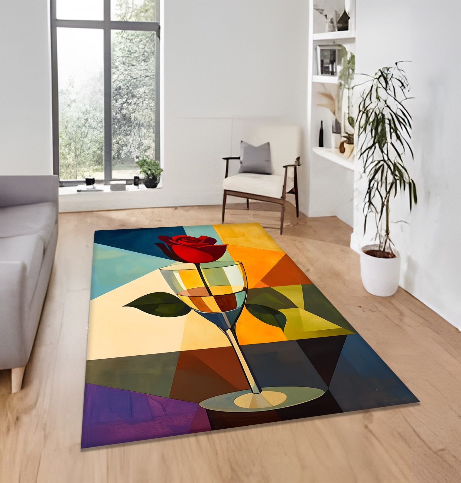 Abstract Rose Cubism Rug, Modern Geometric Art Decor, Modern Art Rug, Abstract