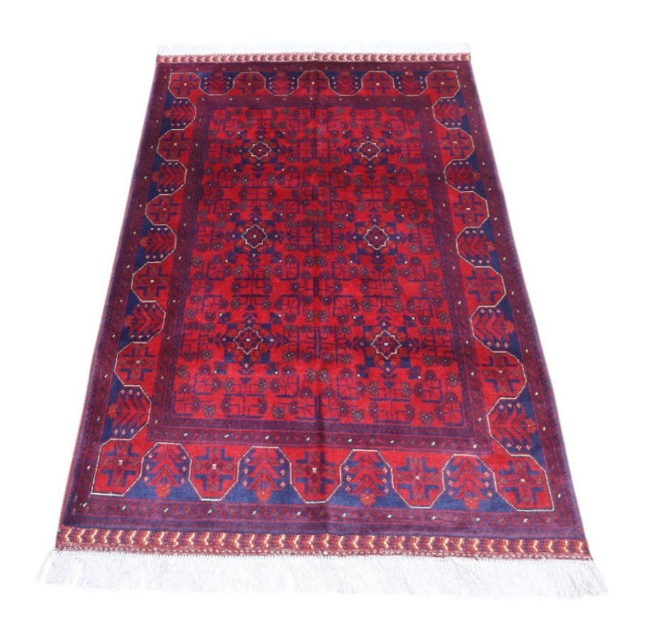 Hand-Knotted Bokharai Afghani Wool Rug | Red & Blue 3’4″ x 4’9″