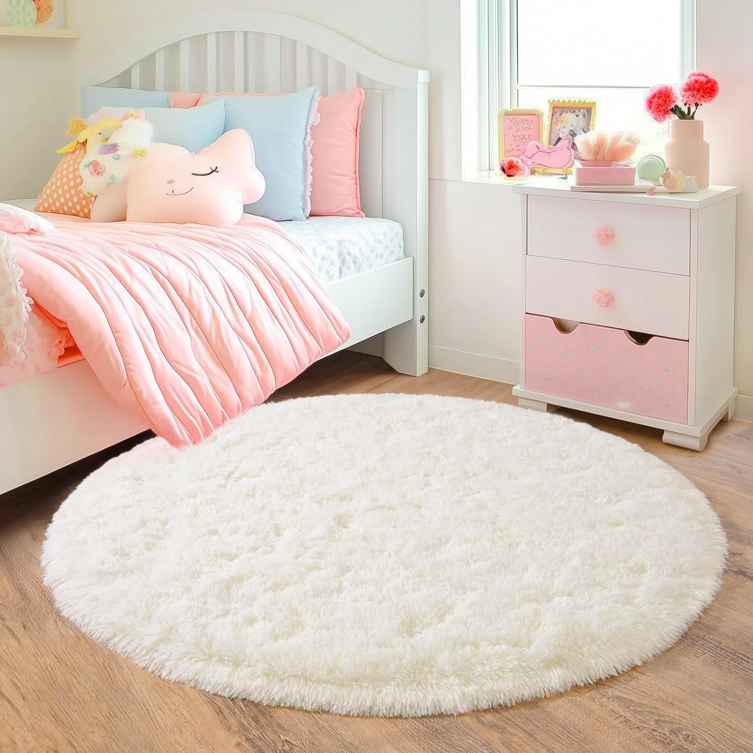 3×3 Ft Cream Round Rug Soft Fluffy Shag Carpet for Girls Bedroom