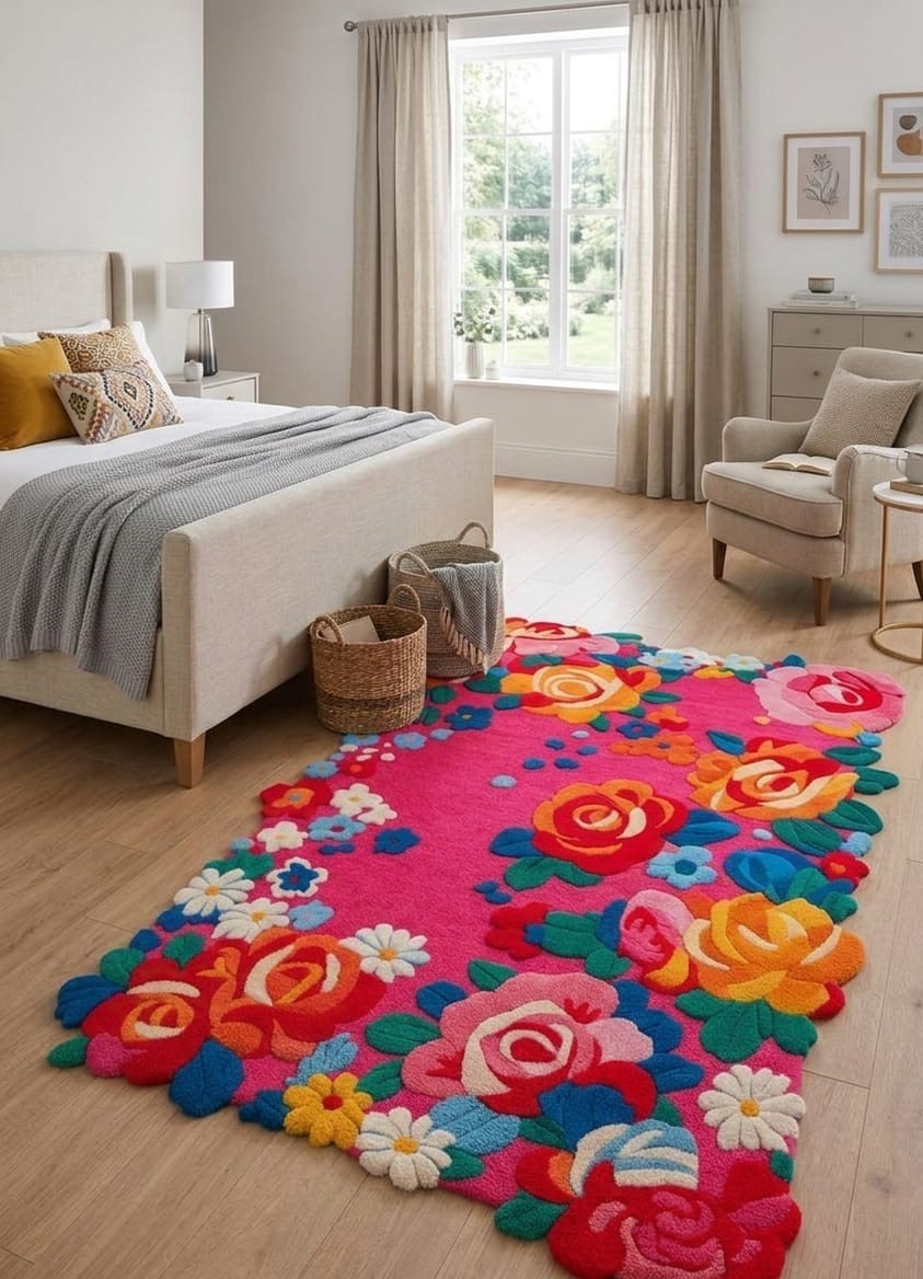 Pink Floral Shaped Rug Hand Tufted Wool Area Rug Colorful Flower Carpet Gift