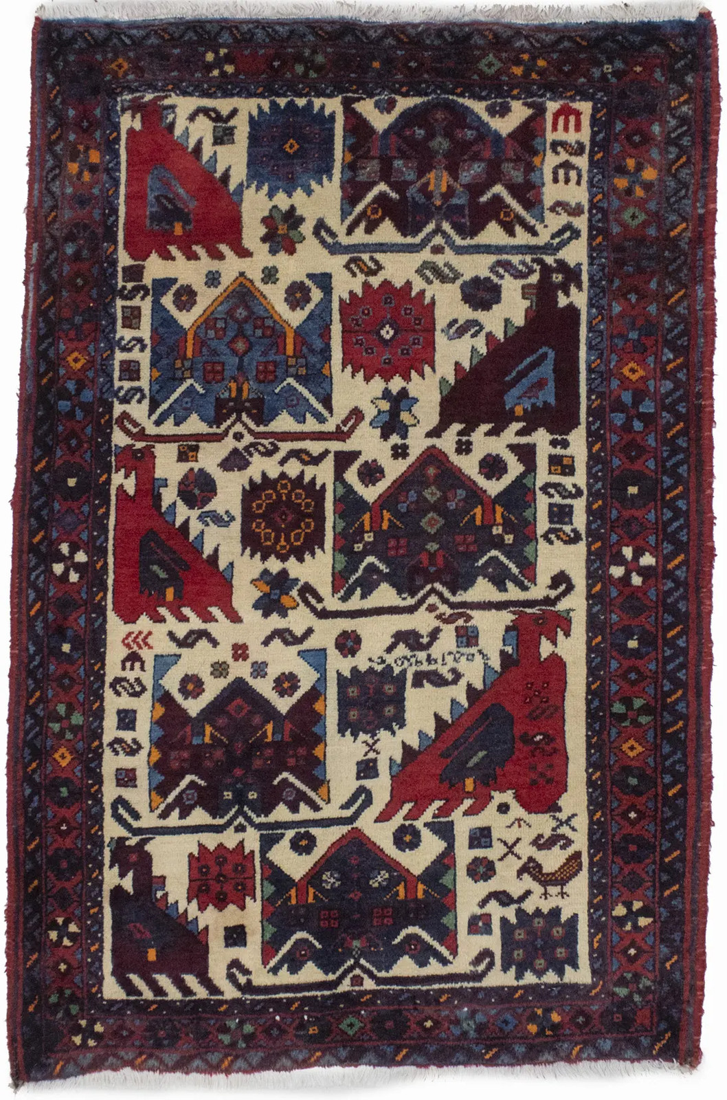 Handmade Vintage Tribal Pictorial Oriental Rug Cream Small Decor Carpet 3X4 ft