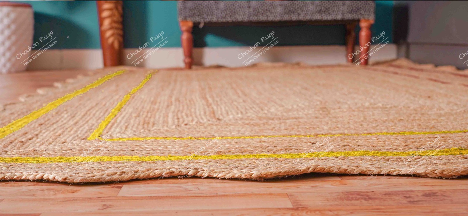 Hand Braided scallop Jute rugs with yellow border home and living room decor rug