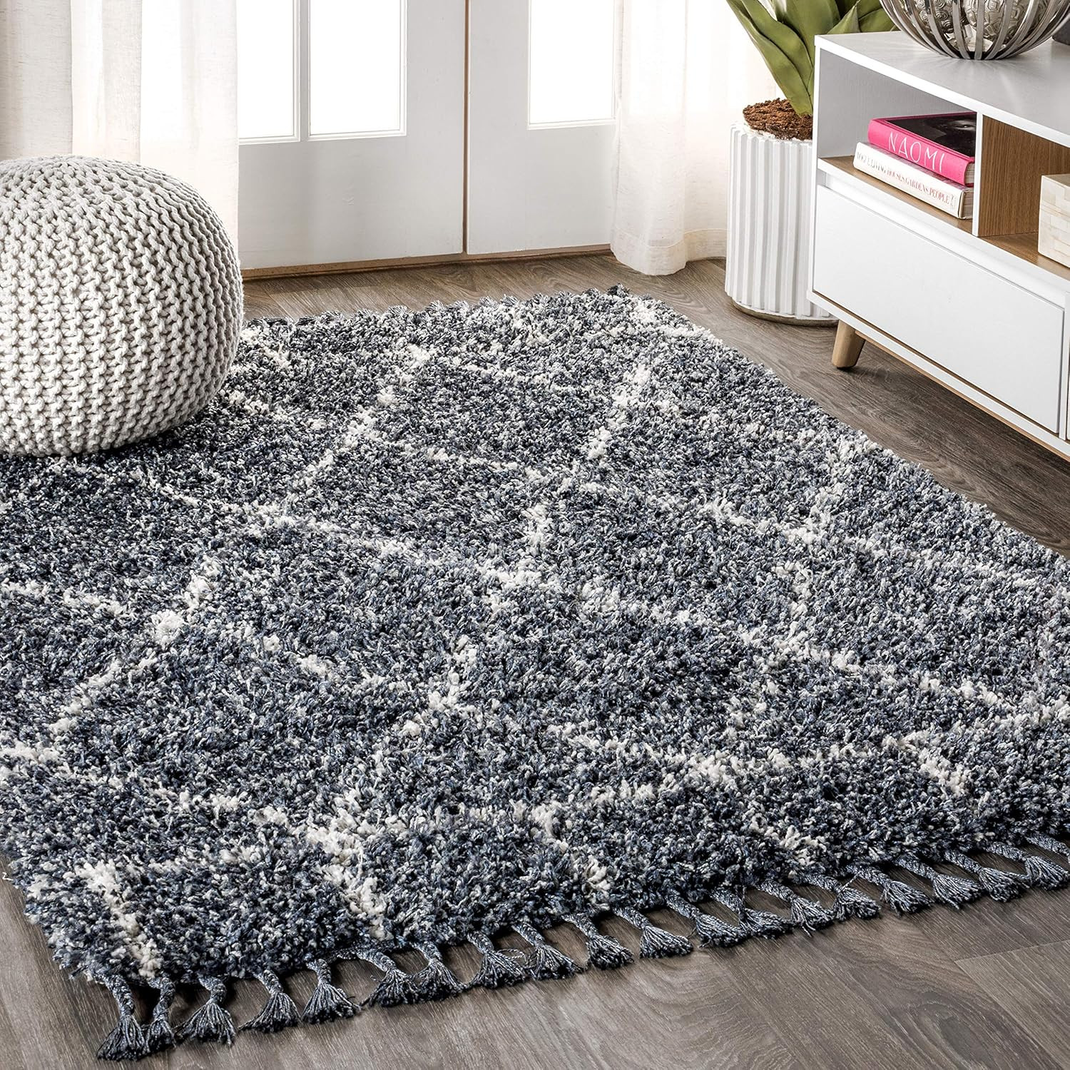 Mercer Shag Blue/Cream Area Rug 8×10 – Moroccan Trellis, Easy-Clean, Pet Friendl