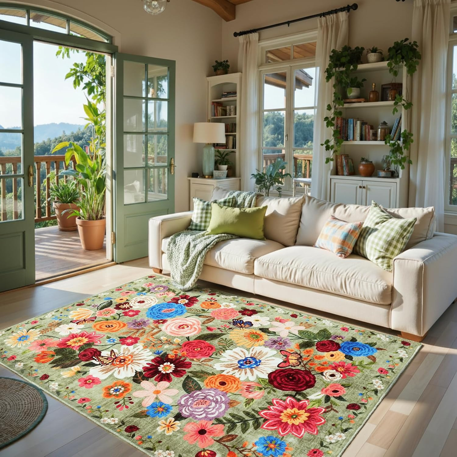 Area Rug 4X6 Green, Washable Boho Rugs Non Slip Low Pile Floral Small Carpet for