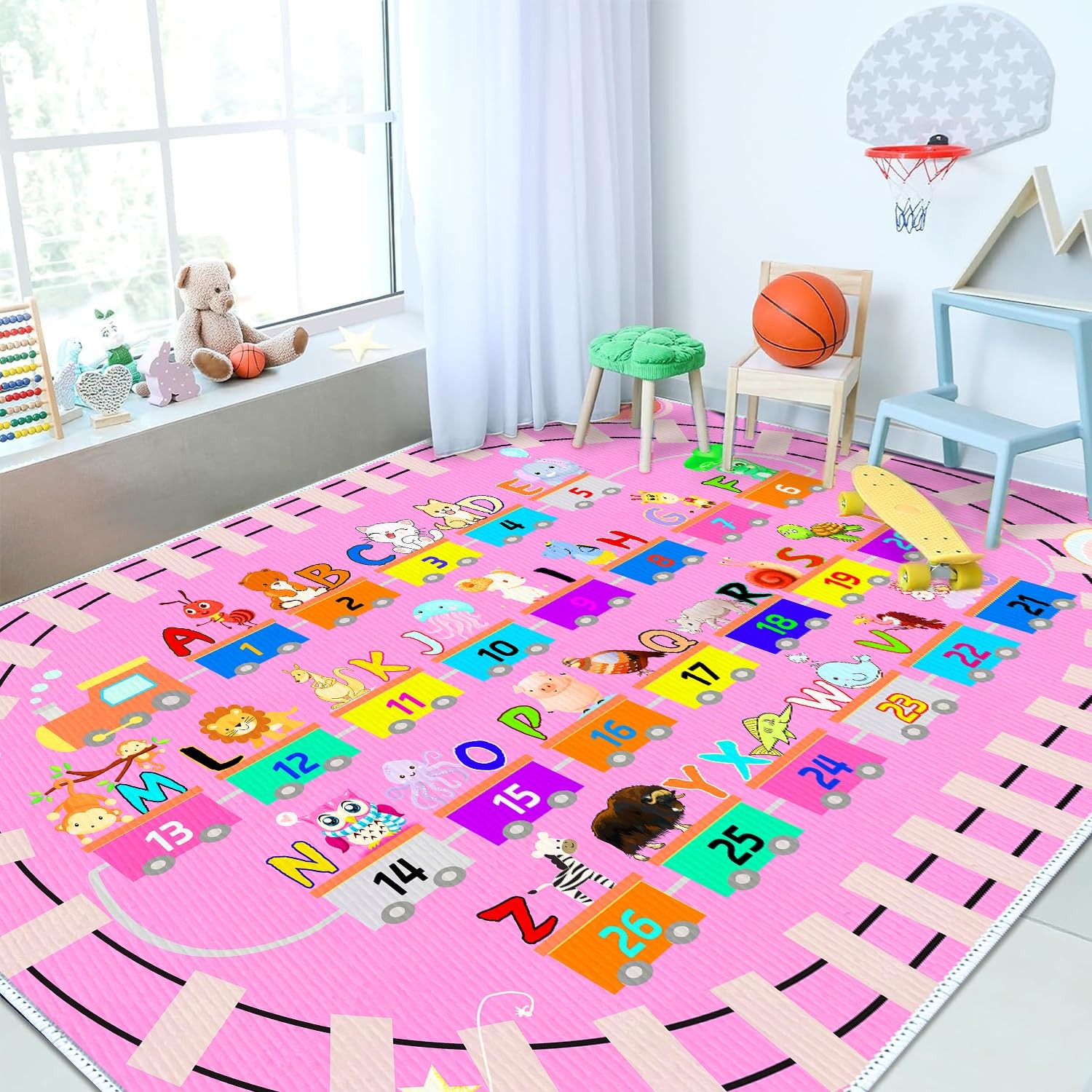 Kids ABC Pink Play Rug, Girl Alphabet Rugs with Numbers Animal Train and Road…