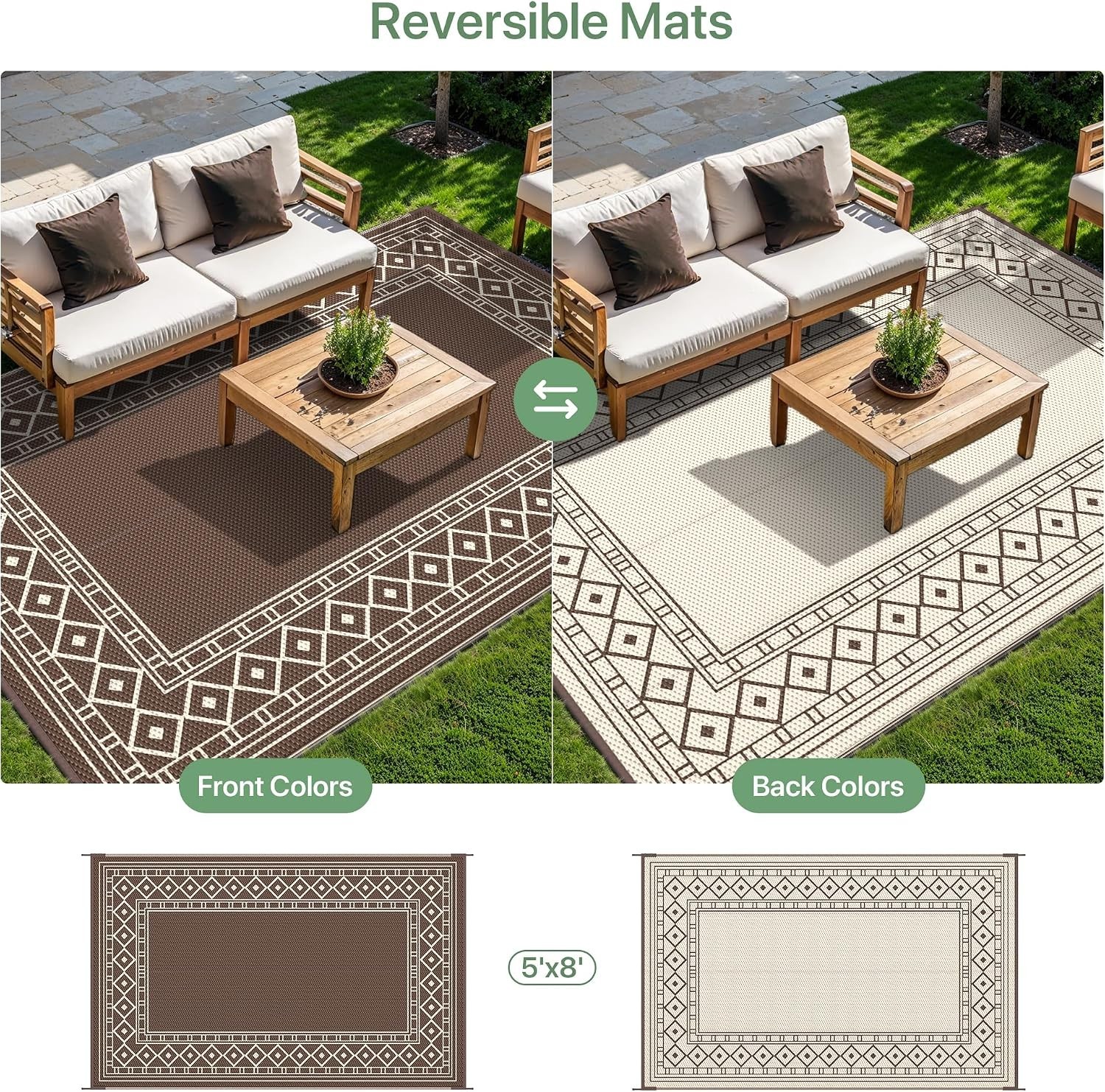 5’x8′ Stylish Coffee Beige Waterproof Outdoor Rug – Perfect for Picnic & Deck
