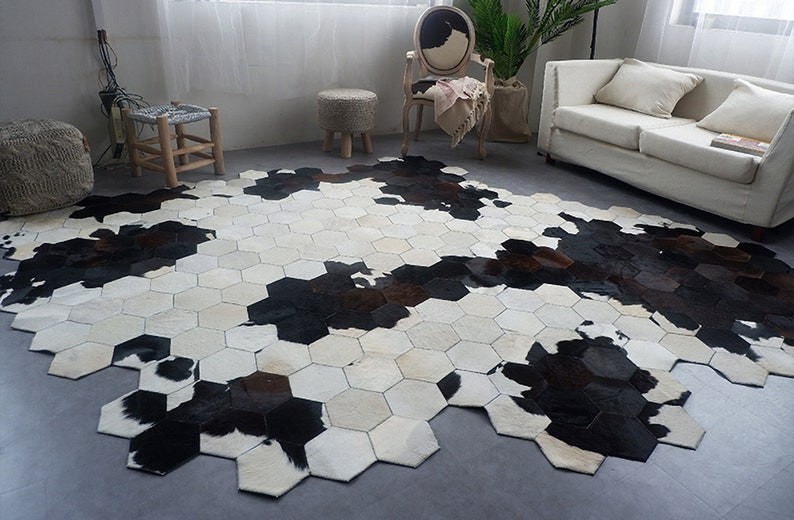 Premium Genuine Cowhide Patchwork Rug Hexagon Geometric Design For Living Room