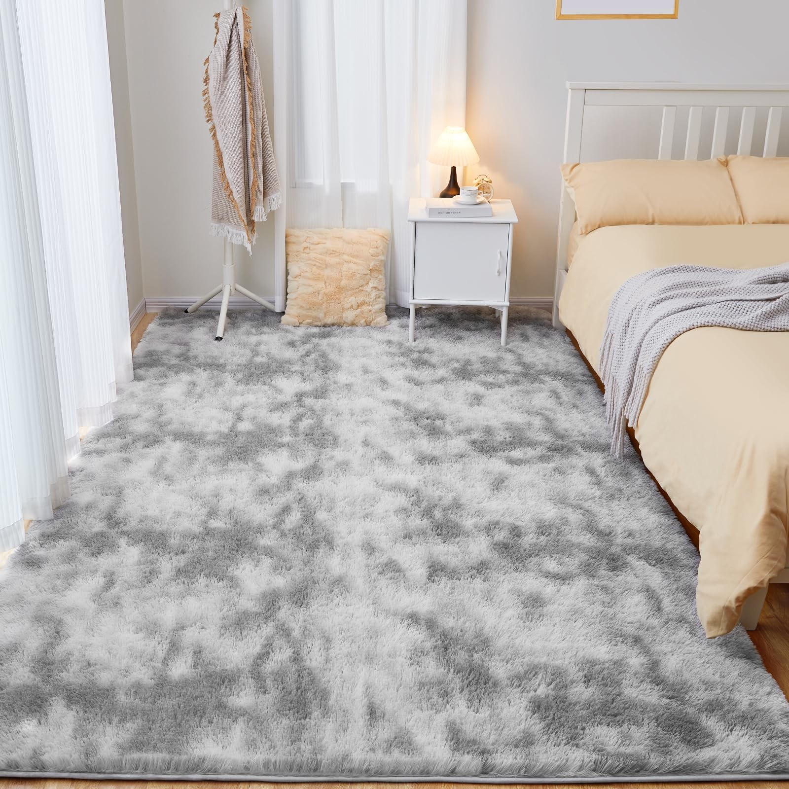 Ultra Soft Area Rugs for Living Room, 5×7 Tie-Dyed Light Grey Fluffy Plush Ru…