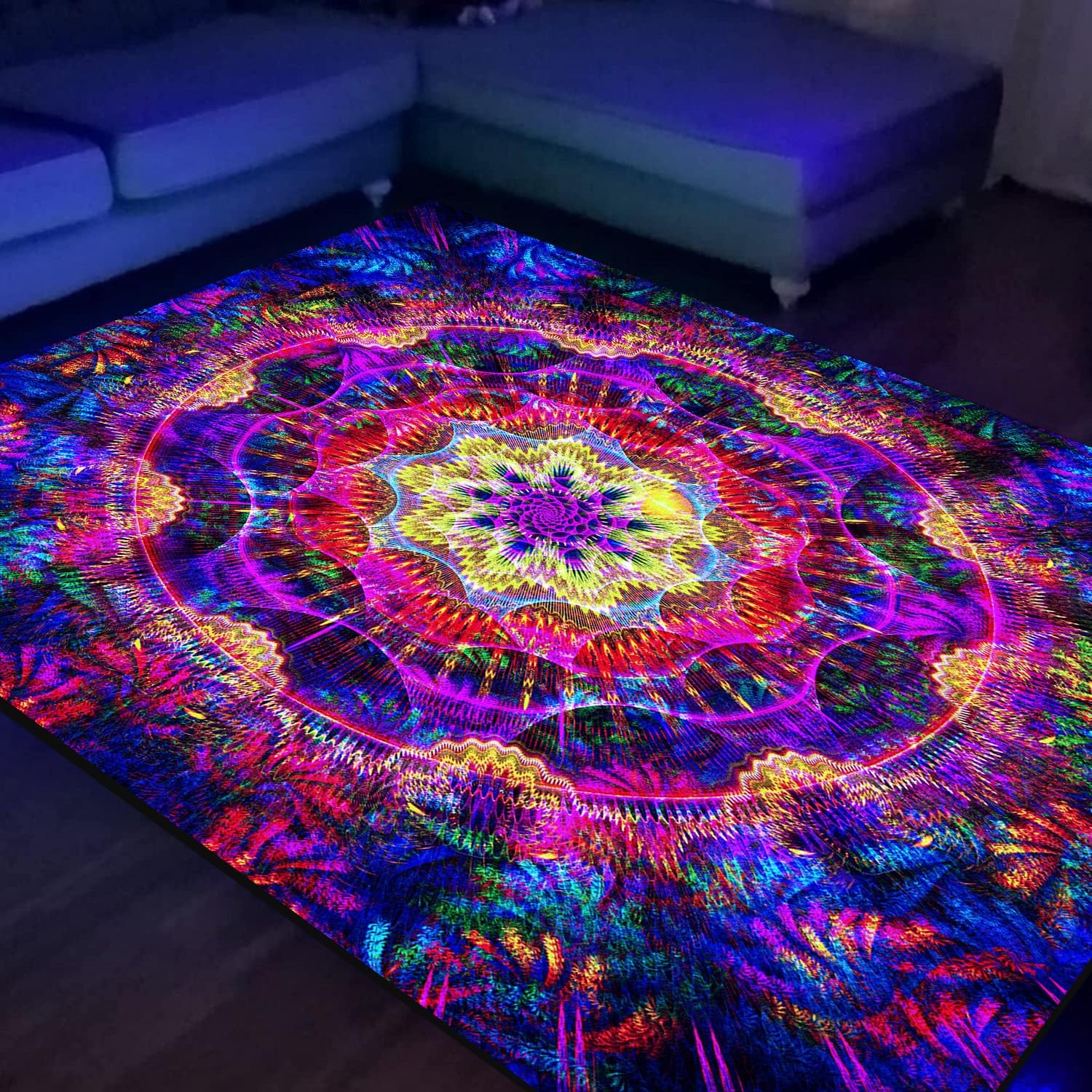 Trippy Mandala Area Rug Black Light,Large UV Reactive Glow in The Dark Boho Non-