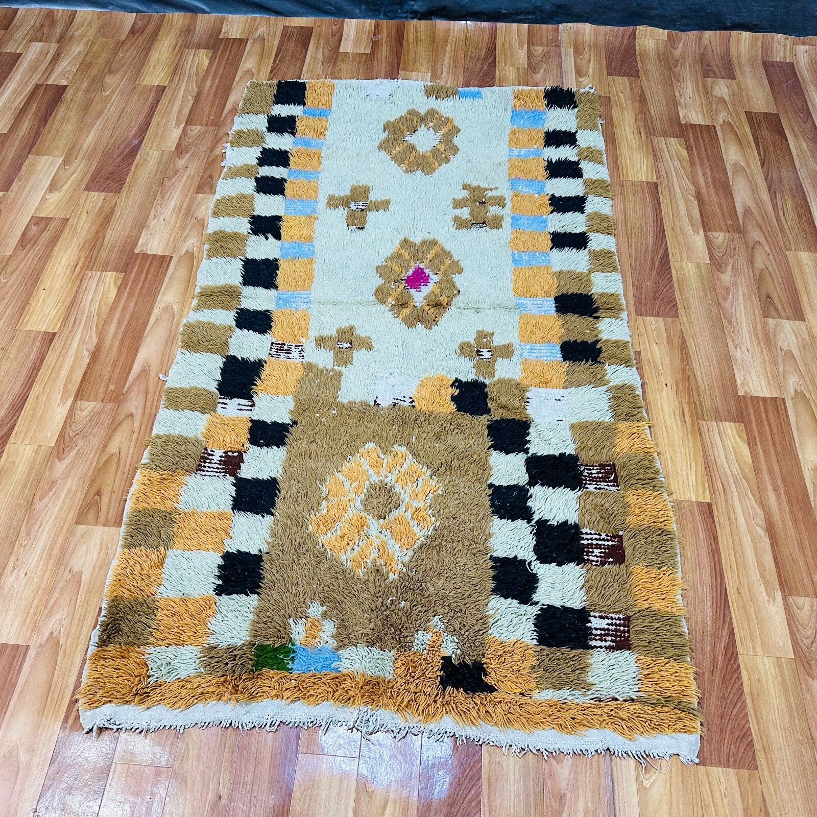 Vintage Moroccan Berber Rug Wool Shag Geometric Checkered Border Cream Orange