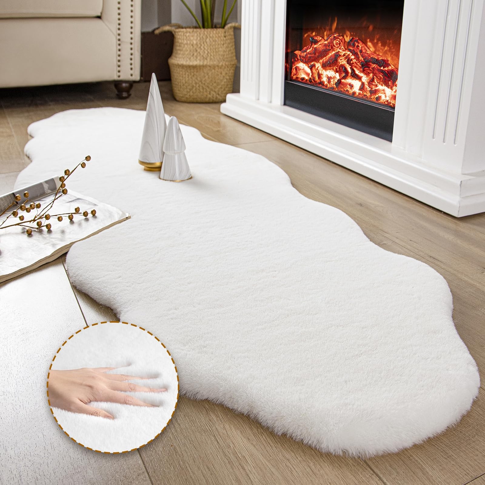 Ashler Faux Fur Rug, Upgraded Soft Faux Rabbit Fur White Area Rugs, 2 x 6 Fee…