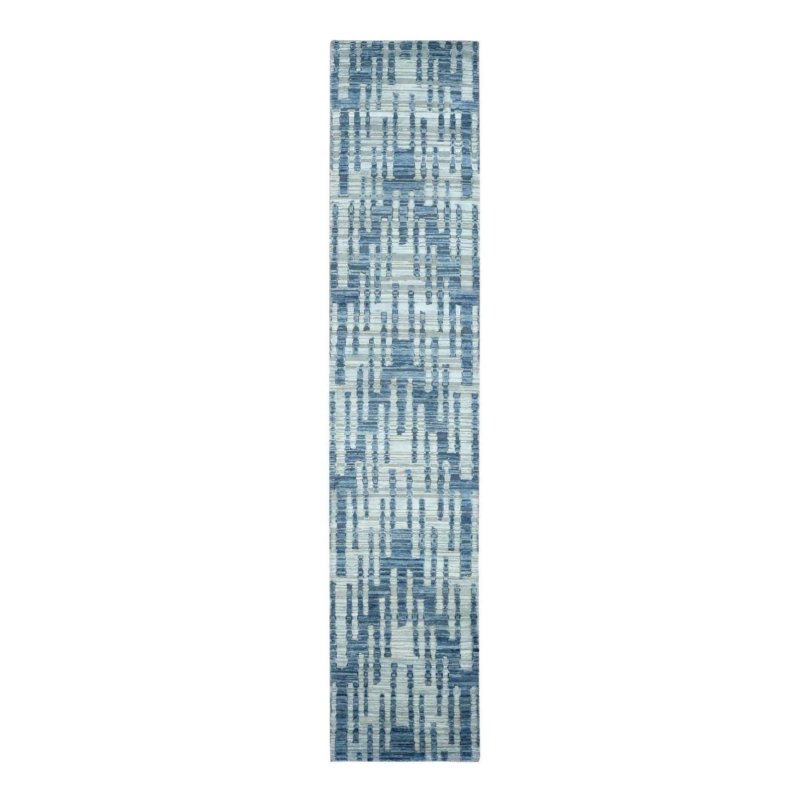 2’6×12’3″ Blue Silk and Wool Zigzag Design Hand Knotted Runner Rug R78096