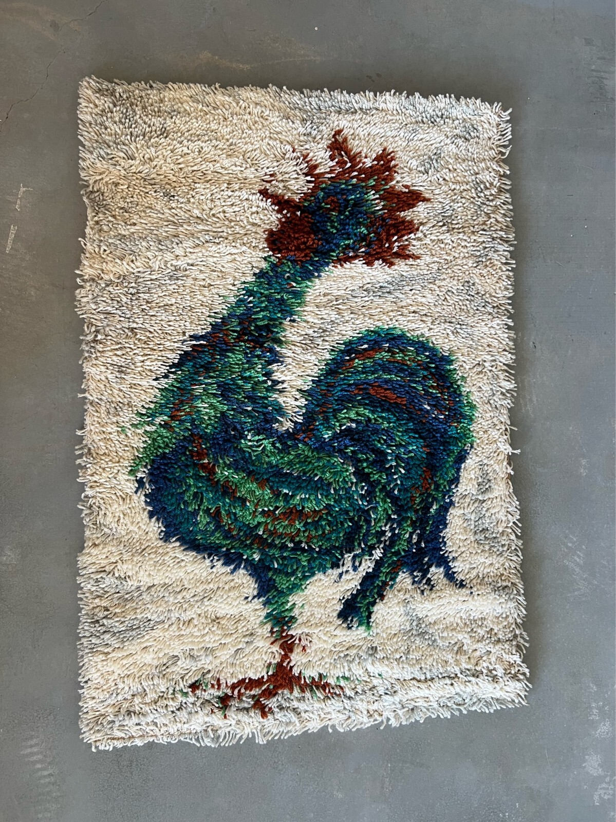 1960’s AIDA Rooster Cock Off White UNUSED Mid Century Rya Rug Modern Wool