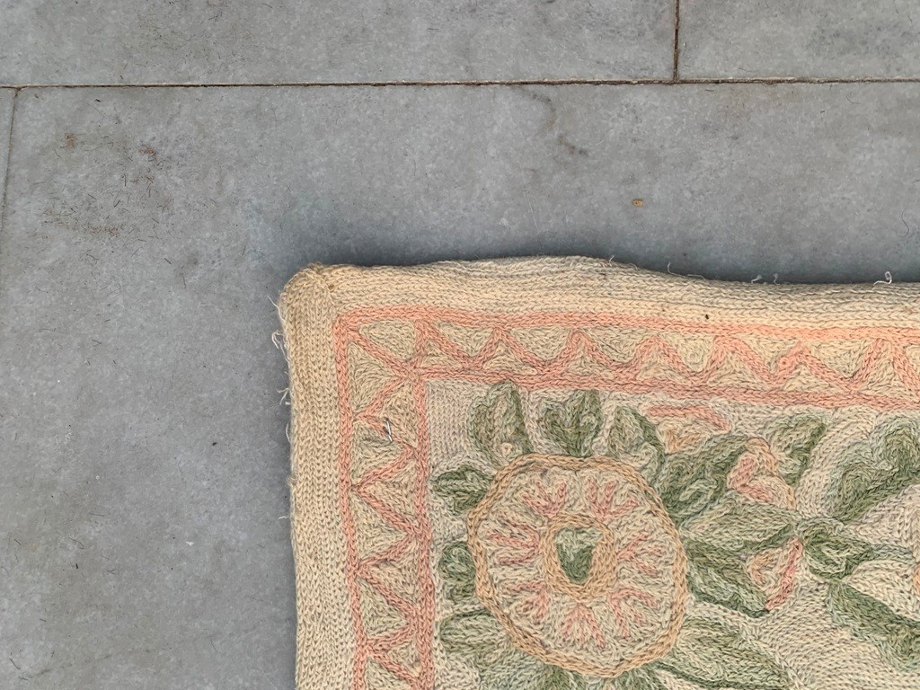 Vintage French Aubusson Needlepoint Rug 3×5 Ft Hand Stitched Chain Stitch