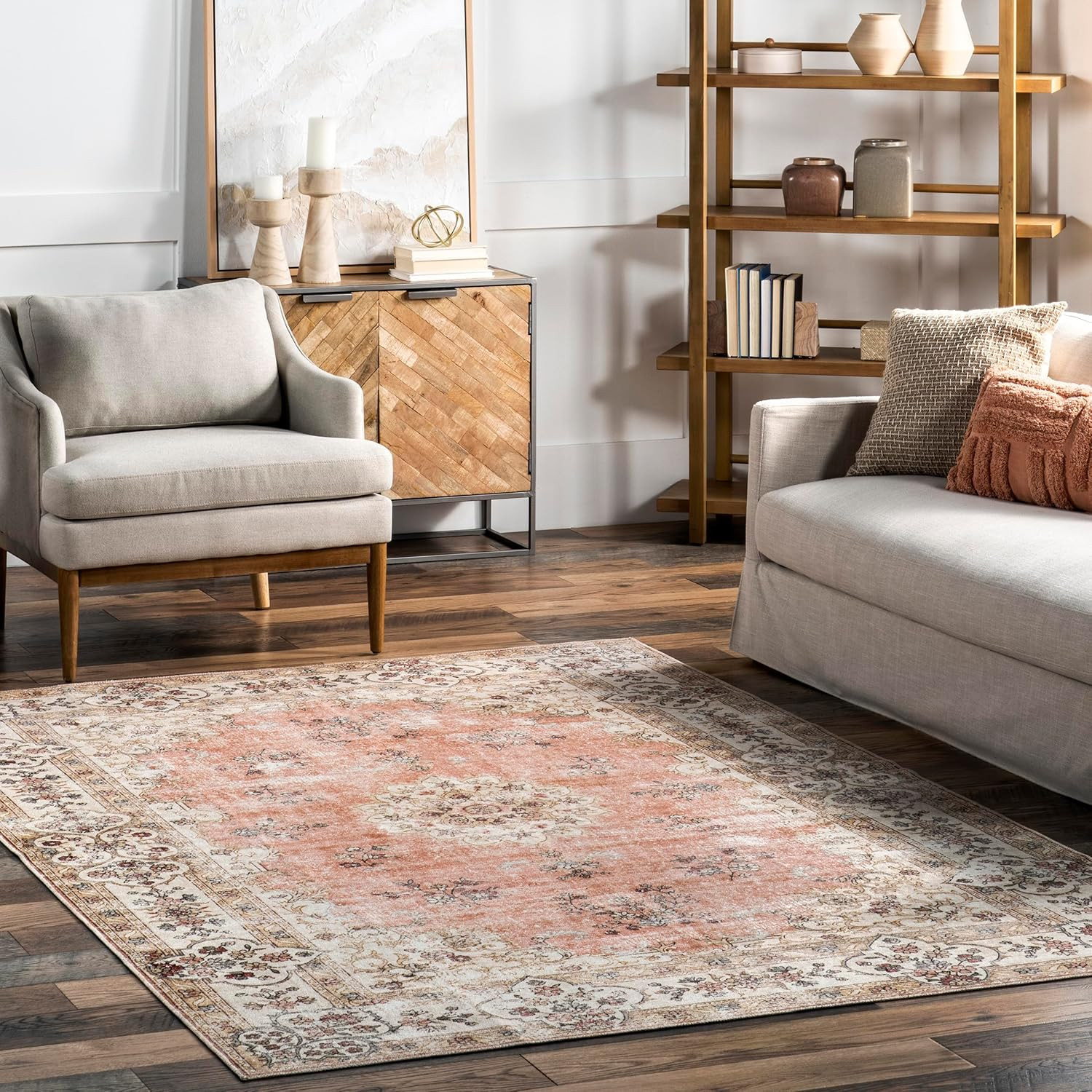 Ren Peach 5′ x 8′ Machine Washable Area Rug, Stain-Resistant, Non-Slip