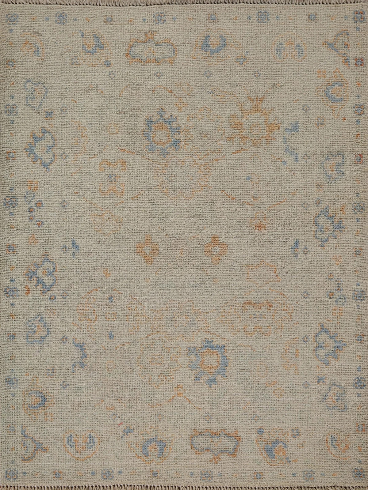 Muted Neutral Hand Knotted Oushak Rug Sage & Tan Floral Turkish Wool Area Rug