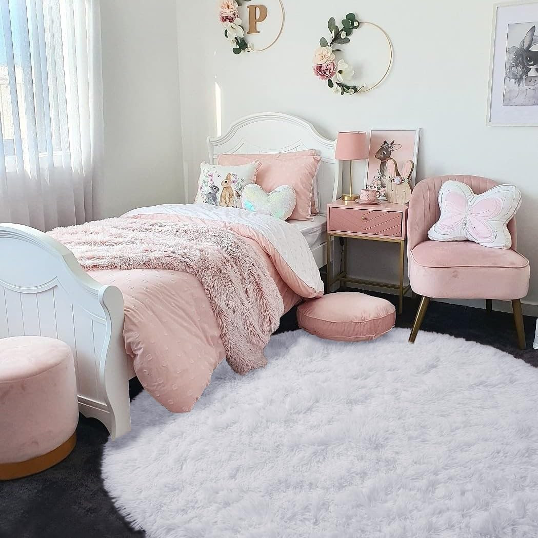 White Fluffy round Rug 4Ft for Bedroom Aesthetic, Washable Fuzzy Fur Circle Area
