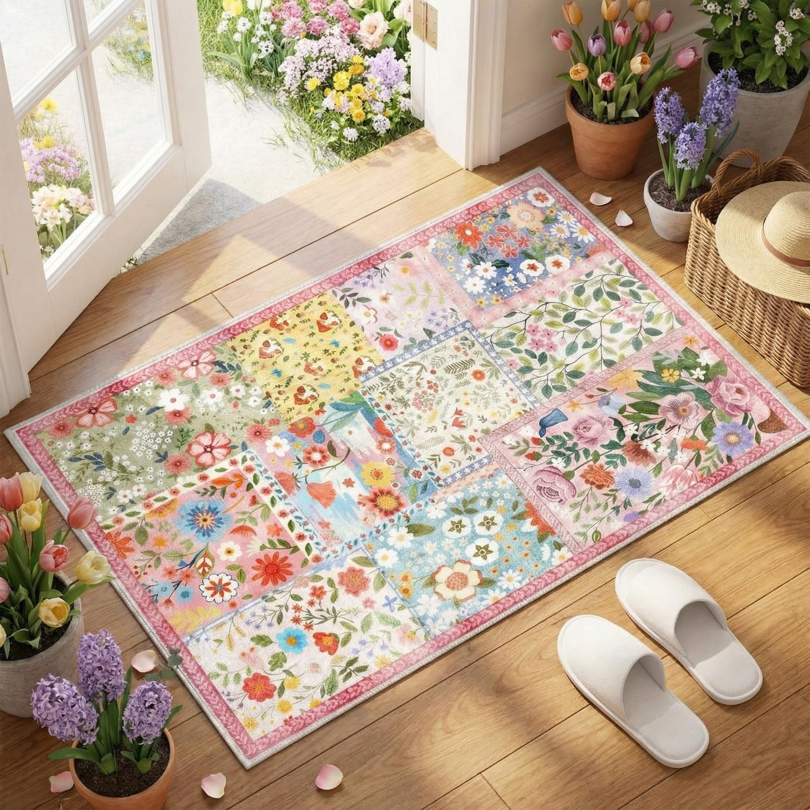 Dunzy 2x3ft Pink Floral Quilted Door Mat Flower Cute Pastel Spring Patchwork …