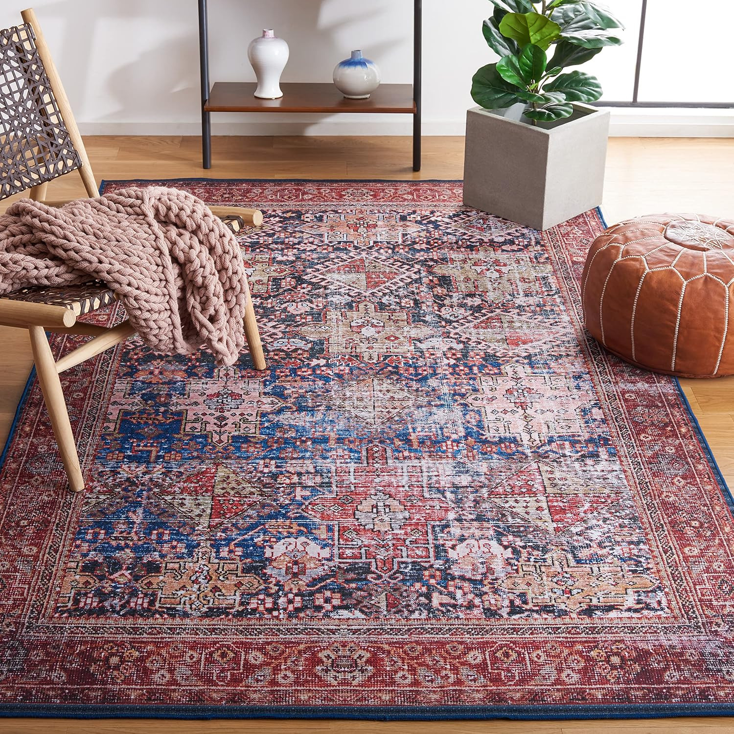 Washable Rug Tucson Collection – 3′ X 5′, Navy & Rust, Slip Resistant & Easy to