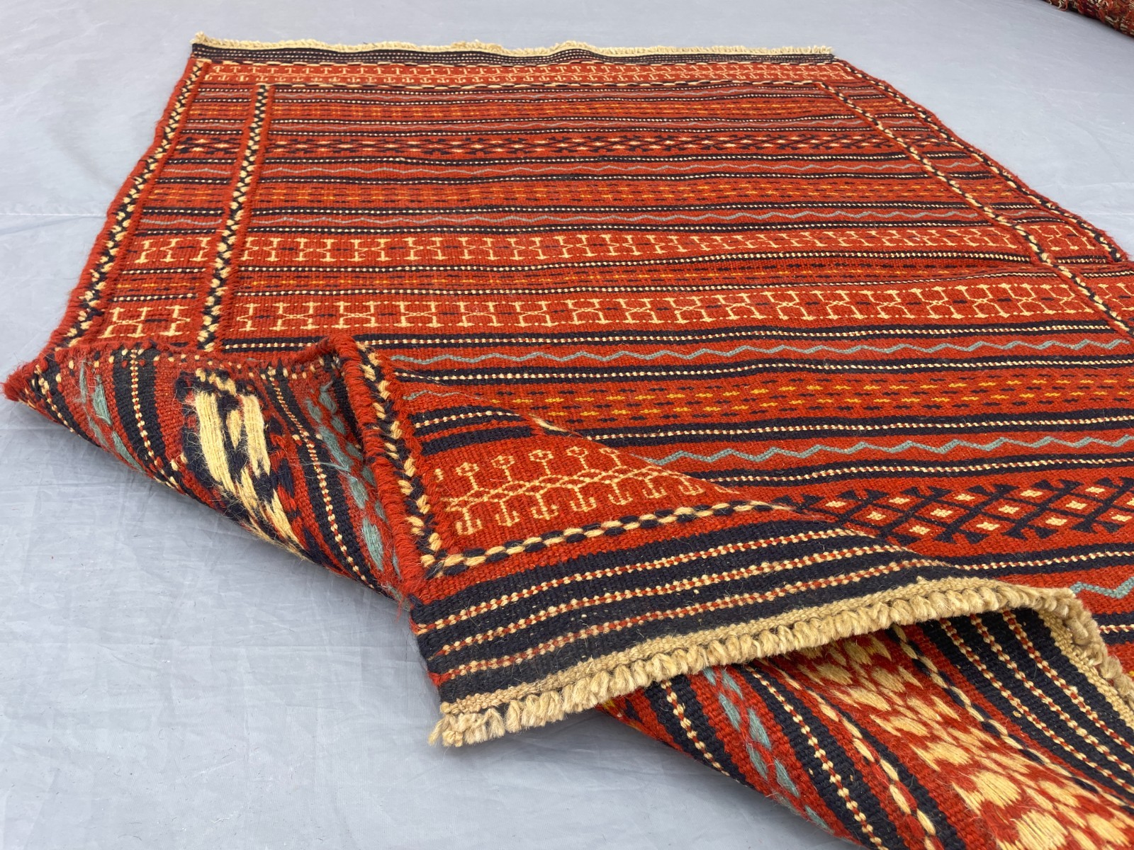 3’4 x 4’1 Ft Handmade Afghan Kilim – Bold Tribal Stripes in Warm Red and Blue