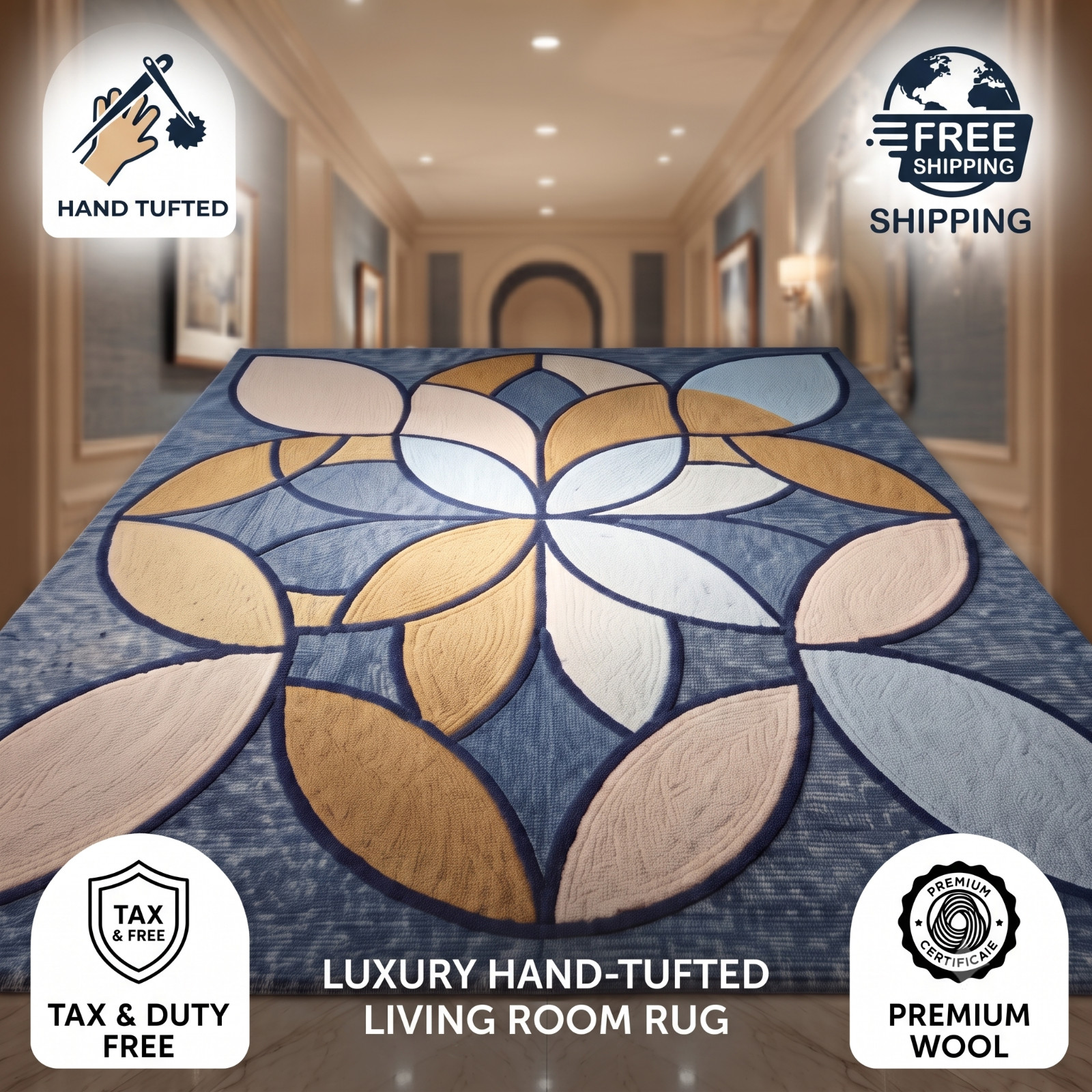 9×12 Hand Tufted Wool Area Rug Floral Medallion Blue Gold Handmade Carpet