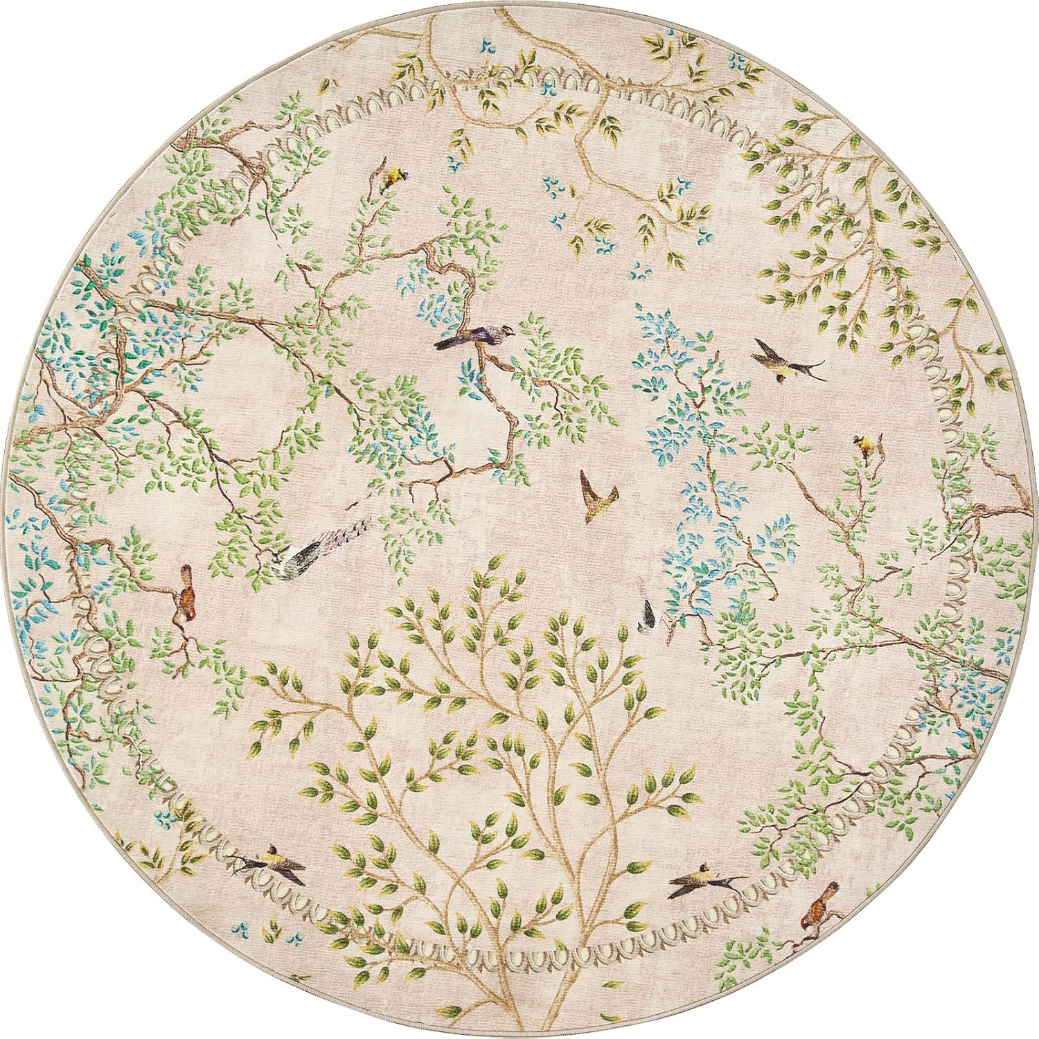 Beige Botanical Birds Round Rug 7Ft – Machine Washable Soft Non-Slip Carpet