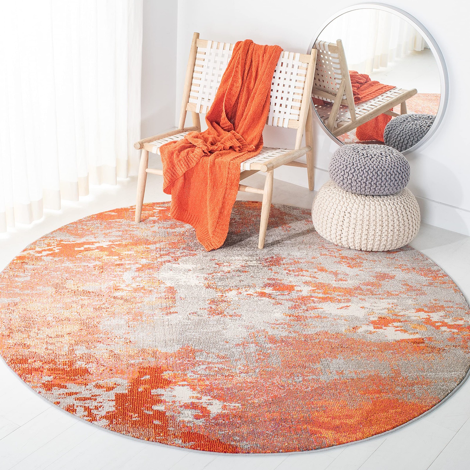 Madison Collection Area Rug – 4′ Round, Grey & Orange, Boho Abstract Design, …