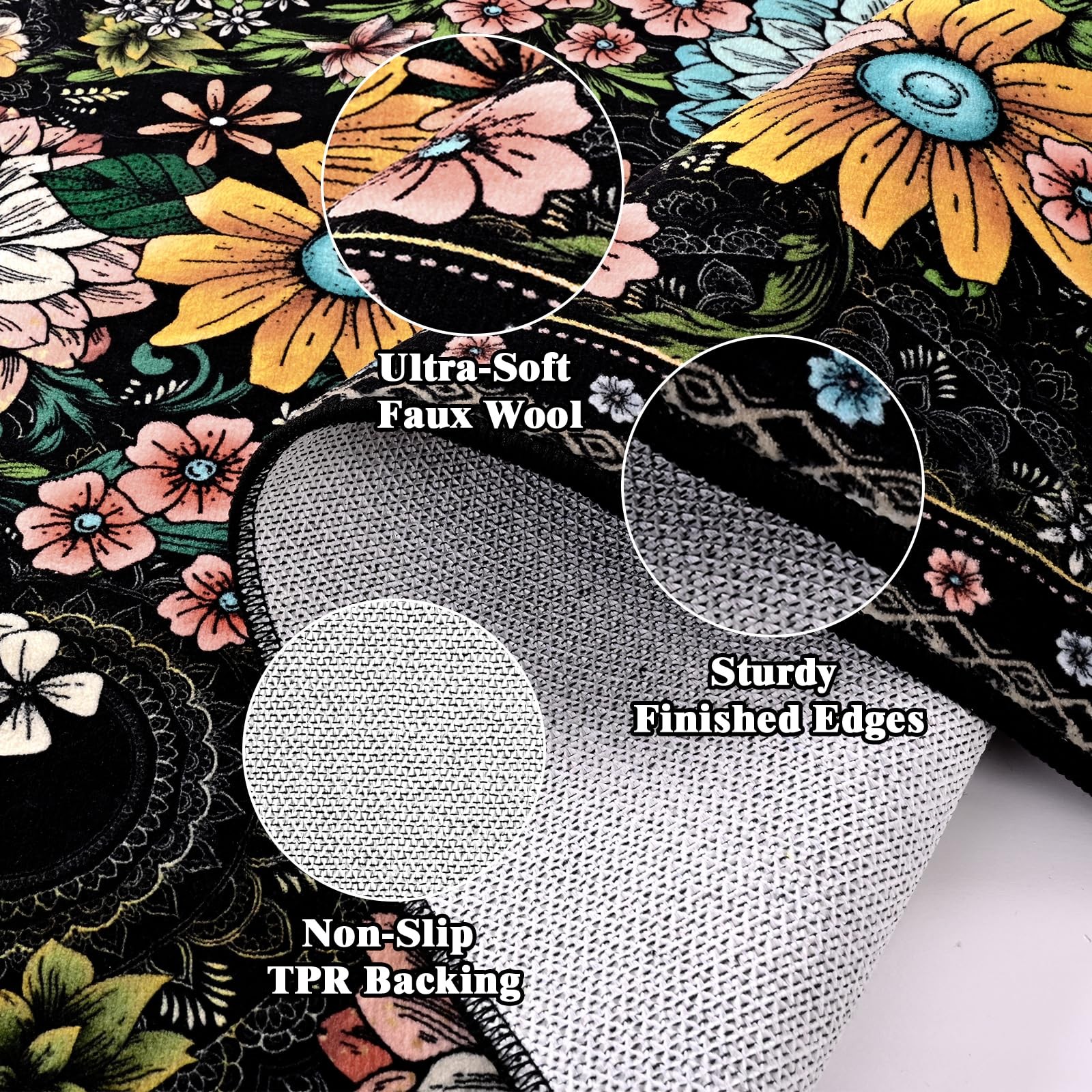 Door Mat 2×3 Non Slip Black Floral Rug for Entryway – Washable Boho Design