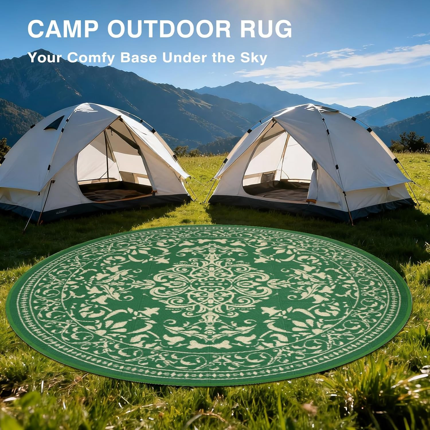 Vintage Waterproof round Outdoor Rug 8 Ft, Portable Reversible Plastic Straw Cir
