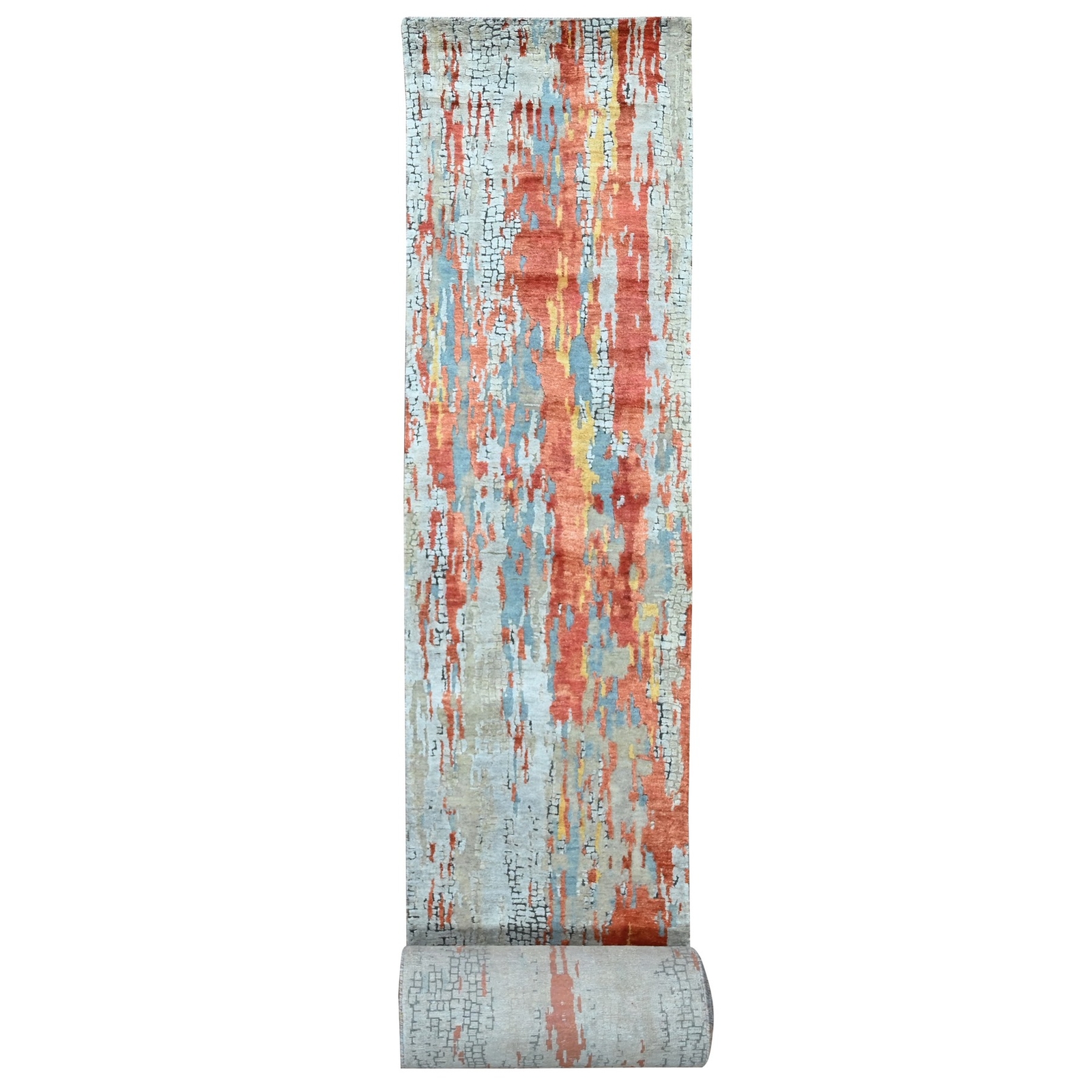 2’5″x25’8″ Dark Coral Abstract Hand Knotted Wool and Silk XL Runner Rug R10064