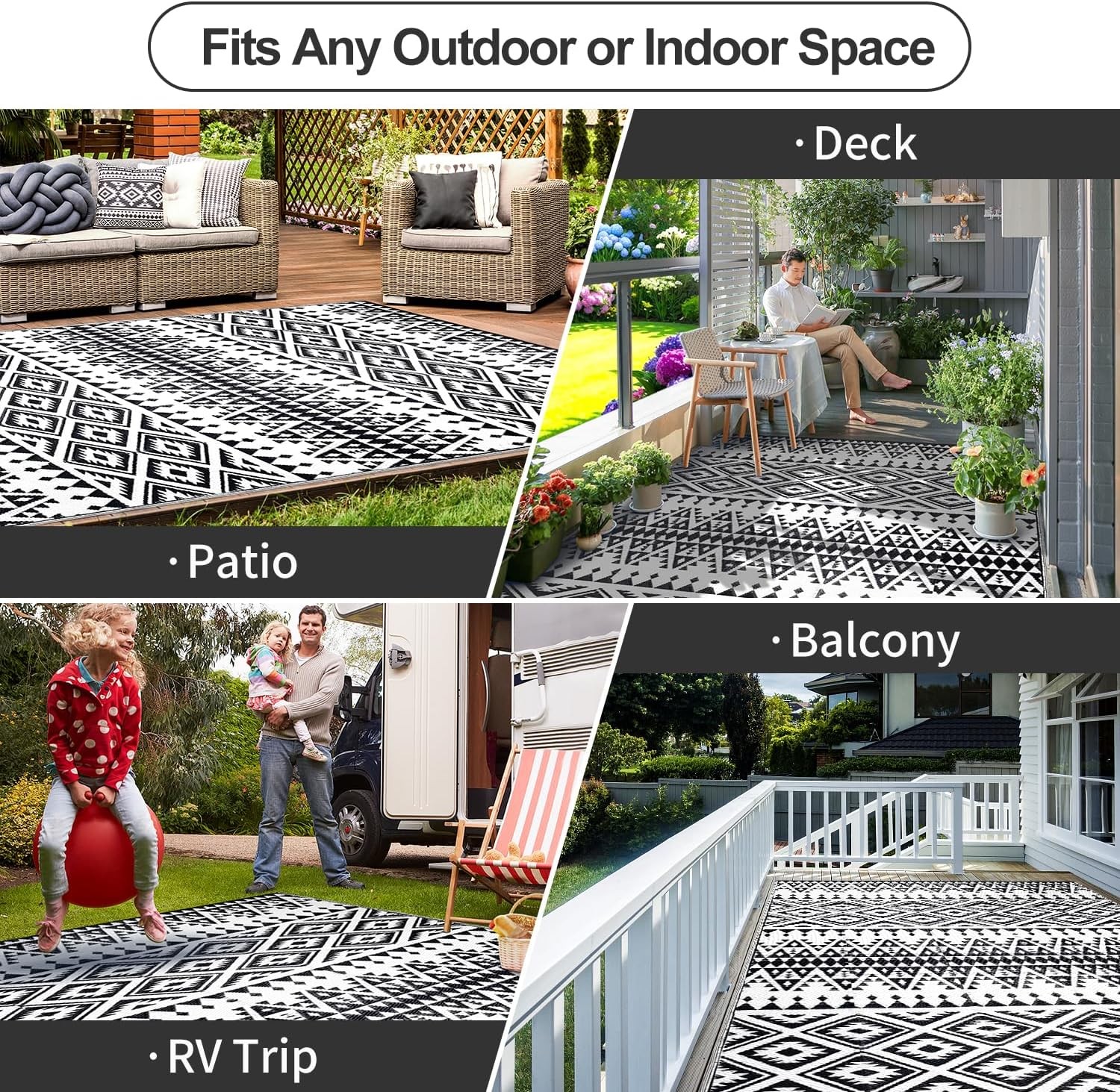 Bohemia 5x8ft Black White Reversible Plastic Outdoor Mat