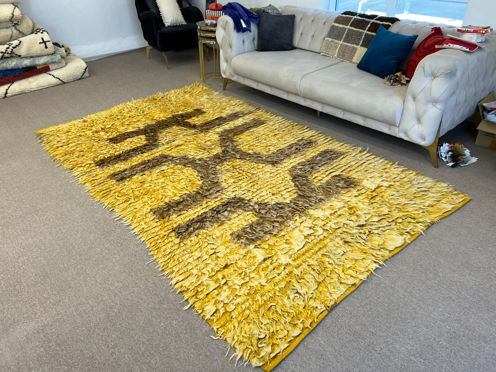 6×9.6 Ft Vintage Shag Pile Mohair Wool “Tulu” Anatolian Rug in Saffron Yellow