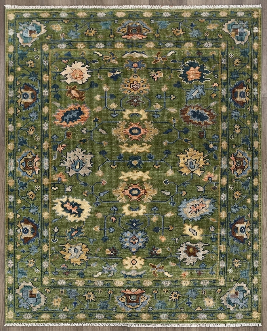 Hand Knotted Olive Green Oushak Rug Wool Floral Area Rug Living Room