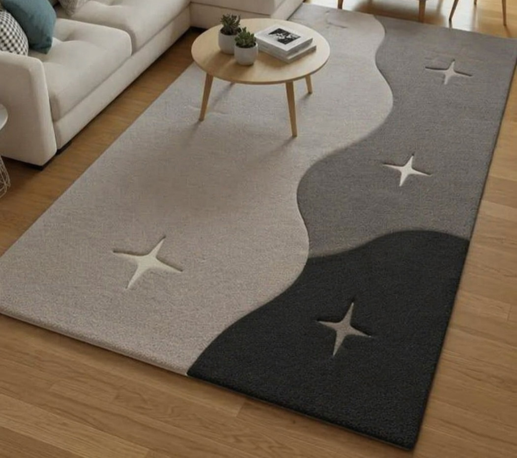 Modern abstract wave design area rug soft neutral beige grey & black carpet with