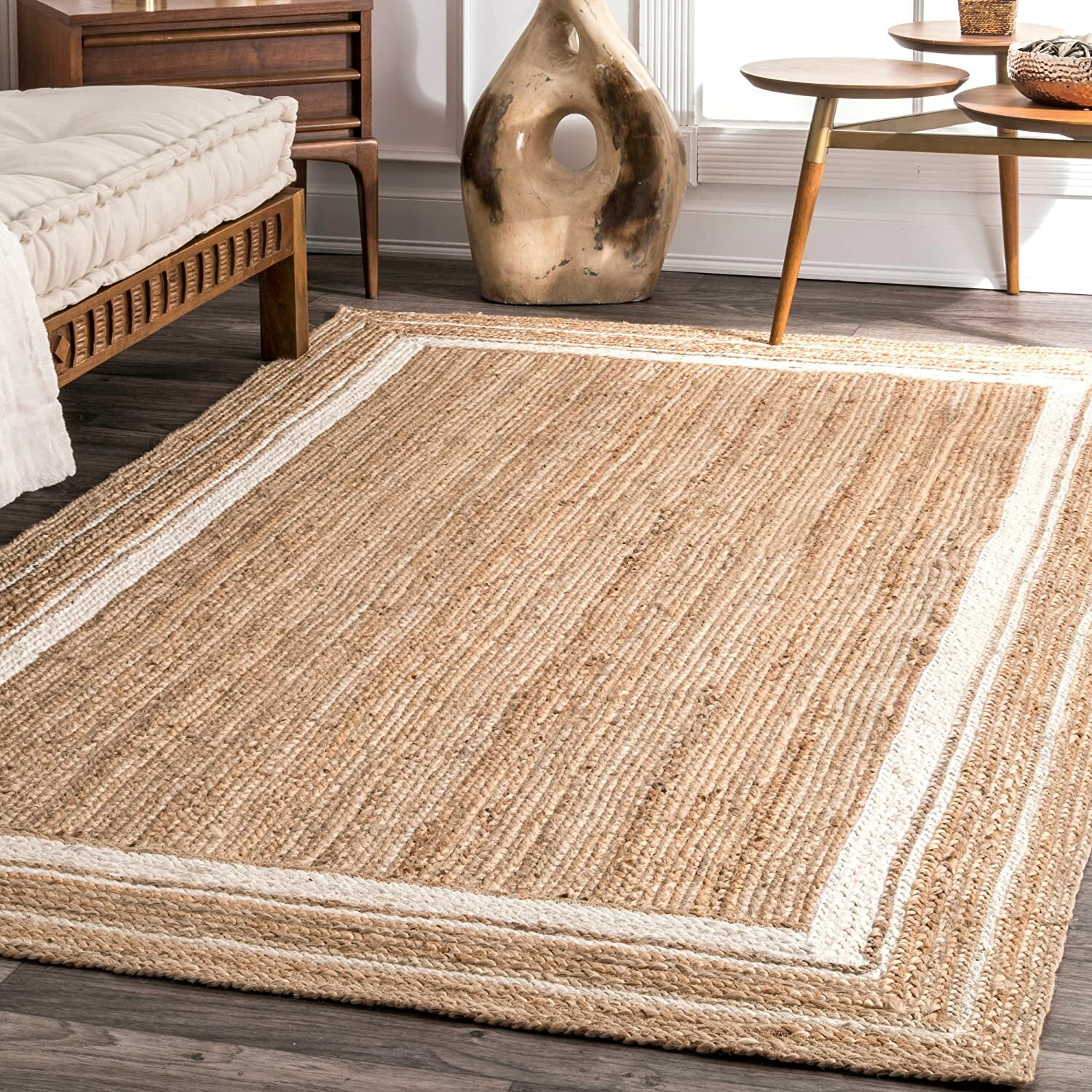 Rug Jute Rectangle Beige with White Hand Braided Farmhouse Area Rug Rustic Look