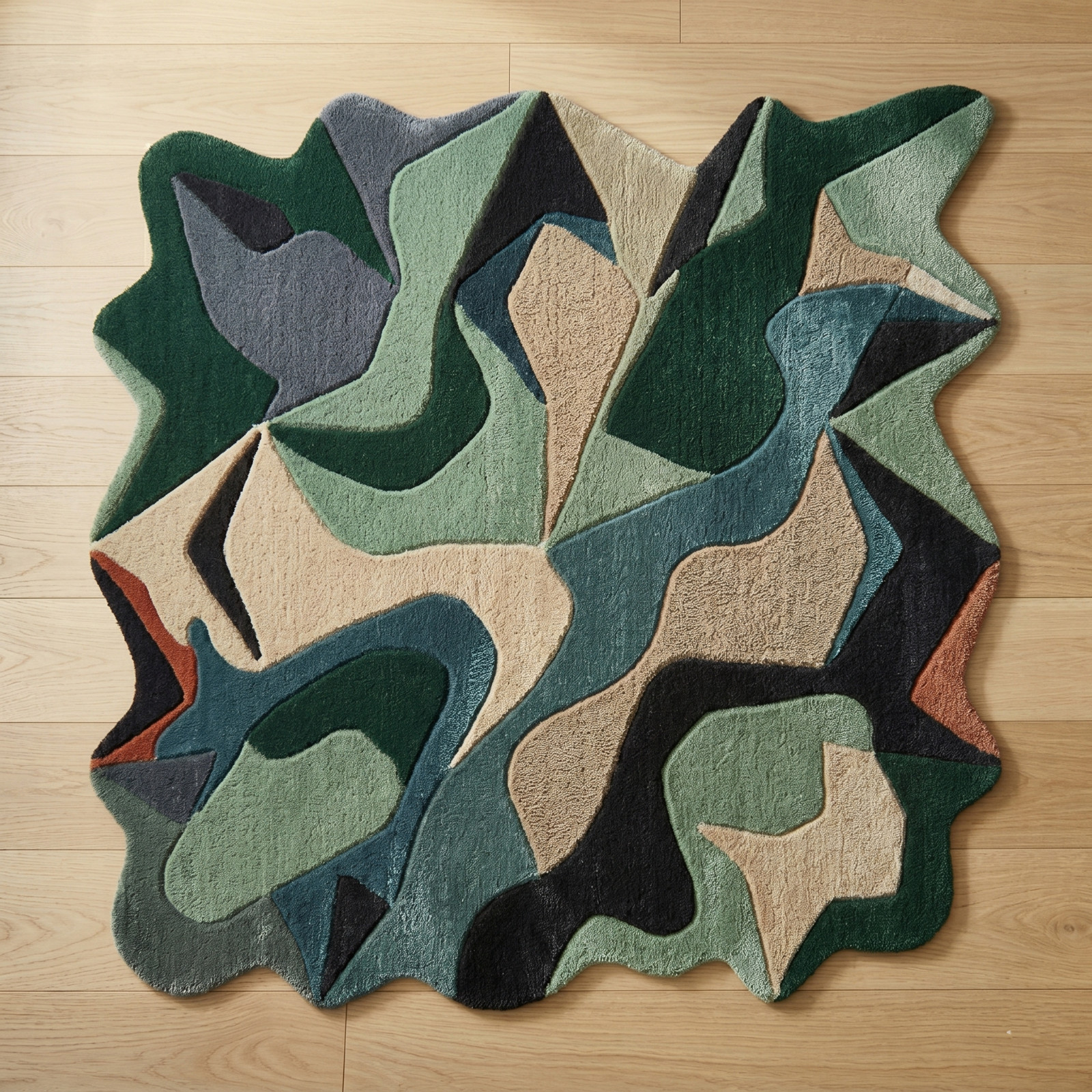 8×10 Green Teal Rust Abstract Wavy Hand Tufted Wool Rug Modern Living Room Area