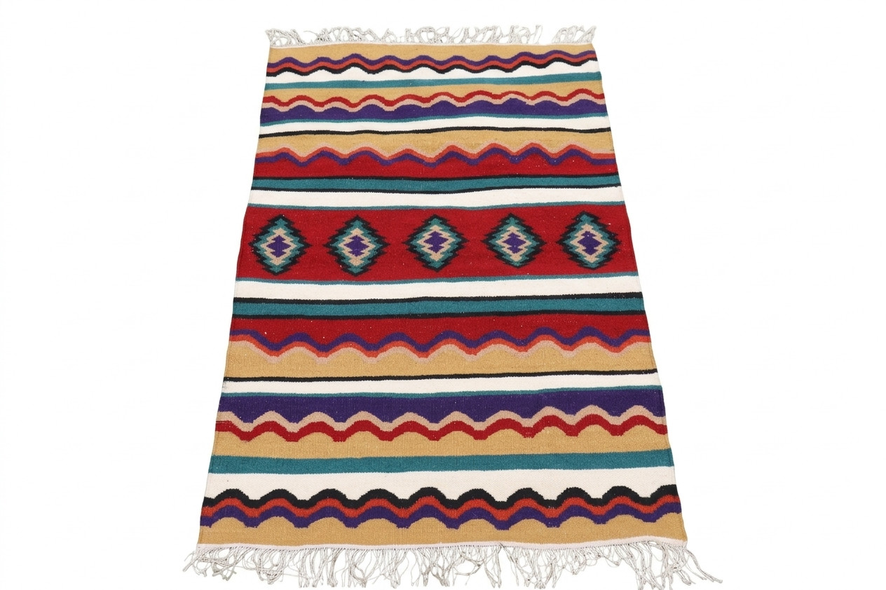 Handwoven Serape Kilim Rug 3×5 Multicolor Striped Southwestern Wool Flatweave