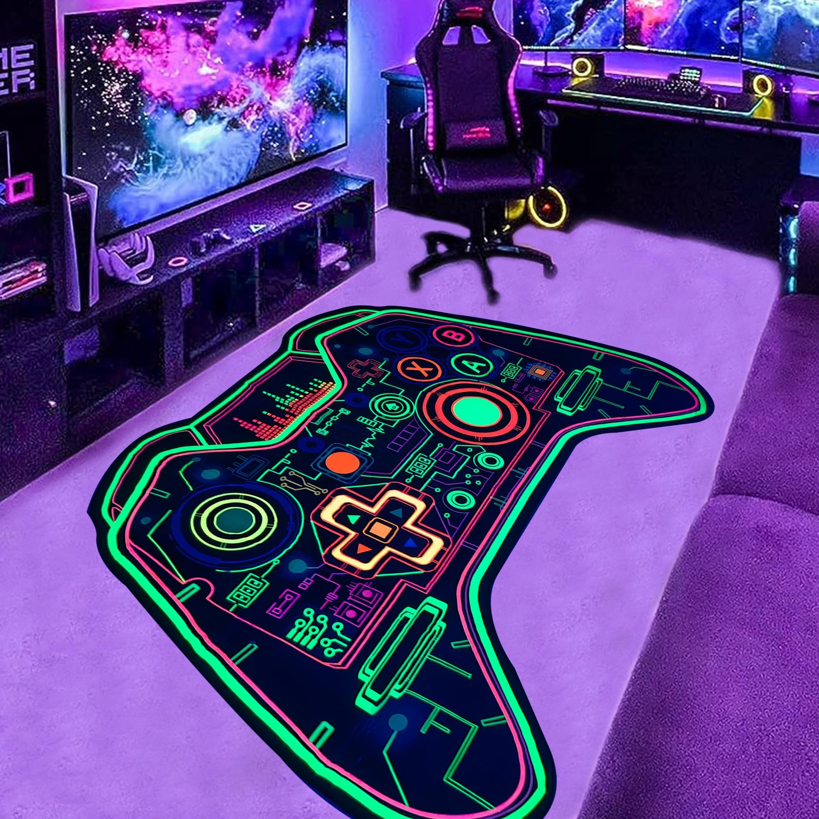 60 x 39 Inch Gaming Rug Glow In Blacklight Gamer Carpet Boys Room Non Slip