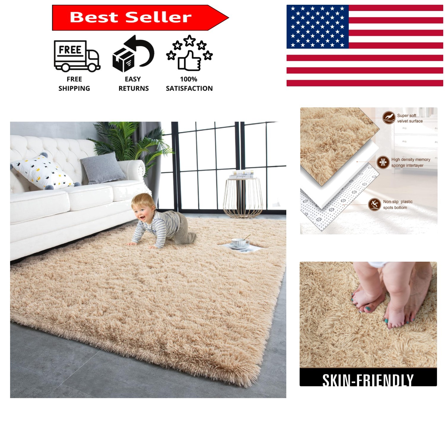 Modern Fluffy Area Rug 4×5.9 Feet, Soft Velvet for Living Room, Nursery Decor