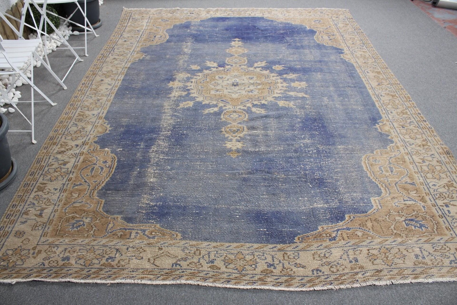 Vintage Oversize Rug 7,8×10,4 ft, Blue Brown Oriental Rug Wool