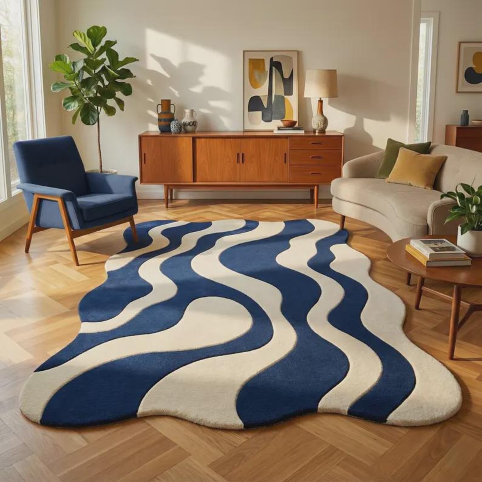 Hand Tufted Wool Rug Blue Ivory Abstract Wave Irregular Modern Rug ,Home Decor
