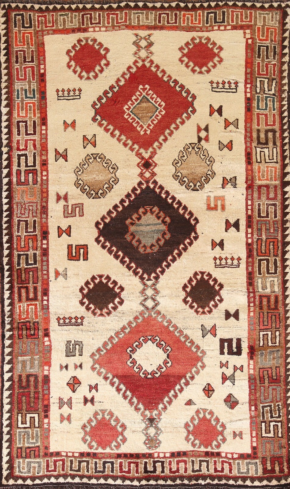 Vintage Geometric Abadeh Area Rug 5×8 ft. Hand-Knotted Wool Ivory Carpet