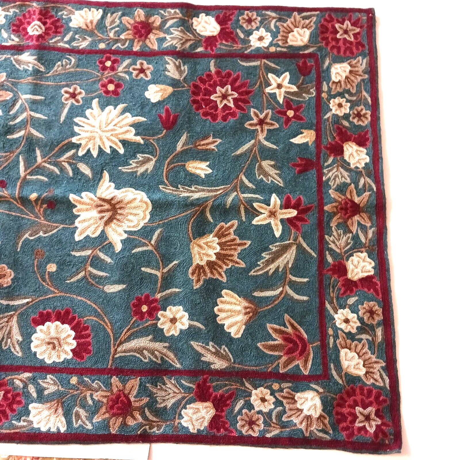 Kashmiri 100% Wool Area Rug Floral Embroidered Tapestry Blue Red