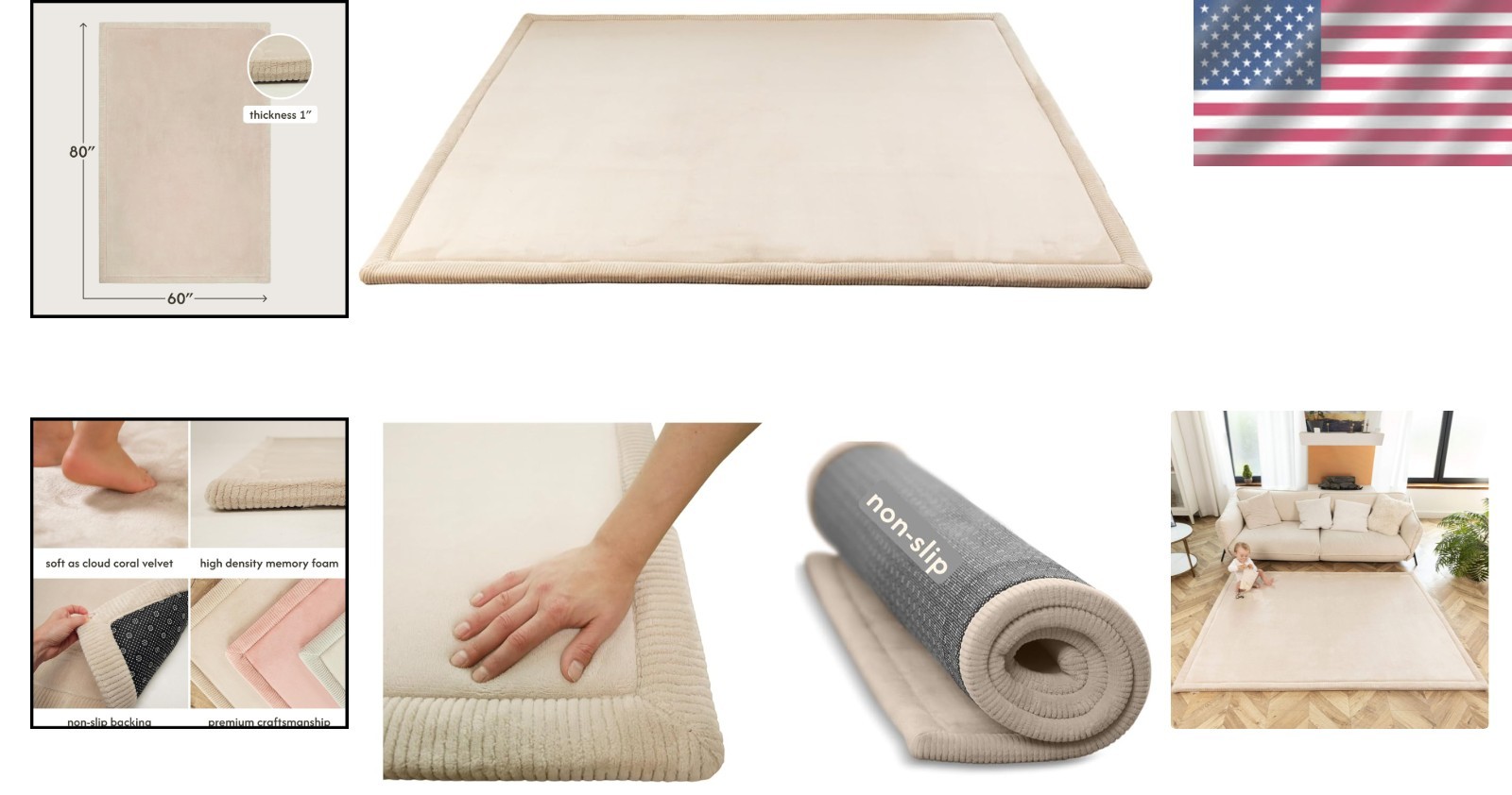 High-Density 60″ x 80″ CloudSoft Rug – Beige Velvet for Safe Play Areas