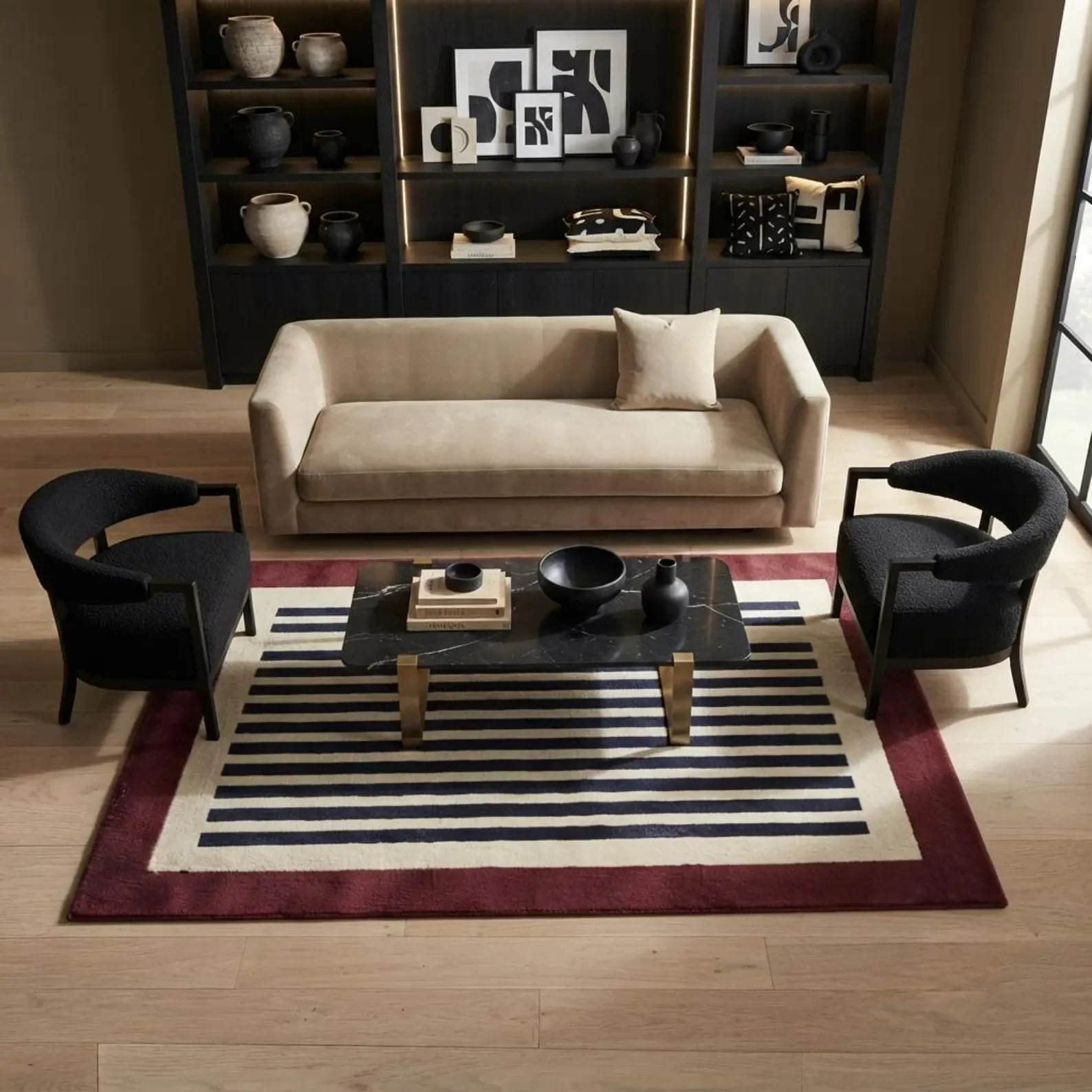 Hand Tufted Striped Rug, Modern Burgundy Navy Cream Area Rug, Geometric Wool Rug