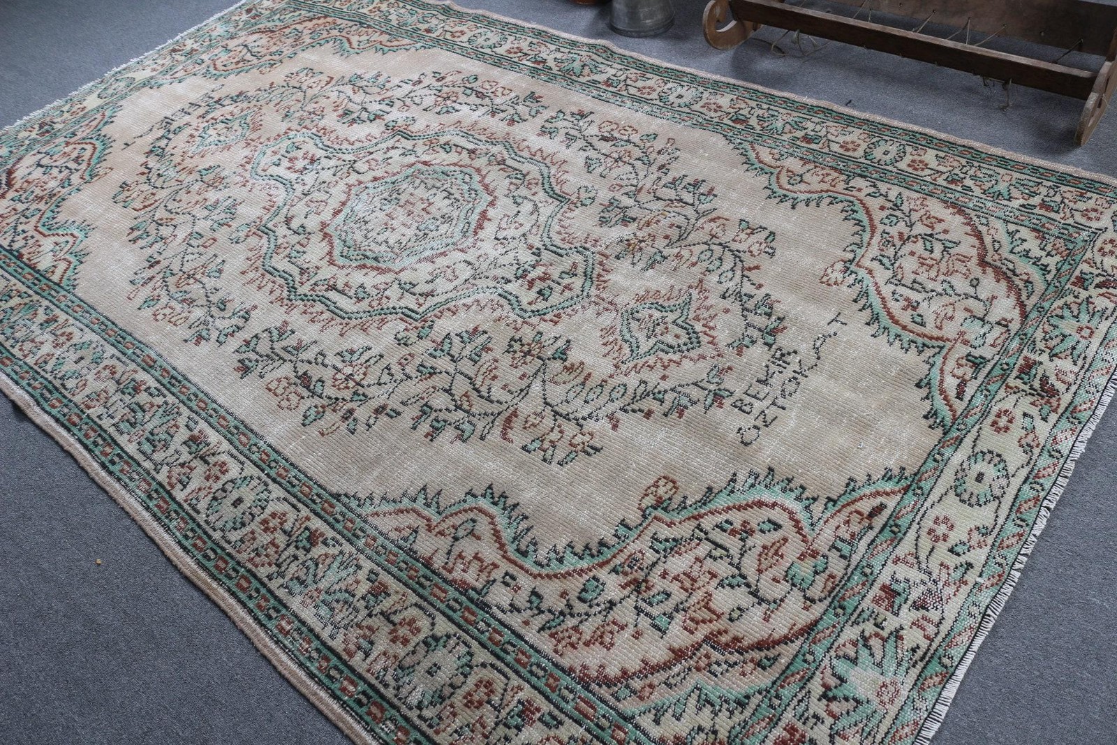 5,9×9,9 ft Vintage Turkish Rug, Large Rug, Green Brown Bordered Wool Rug